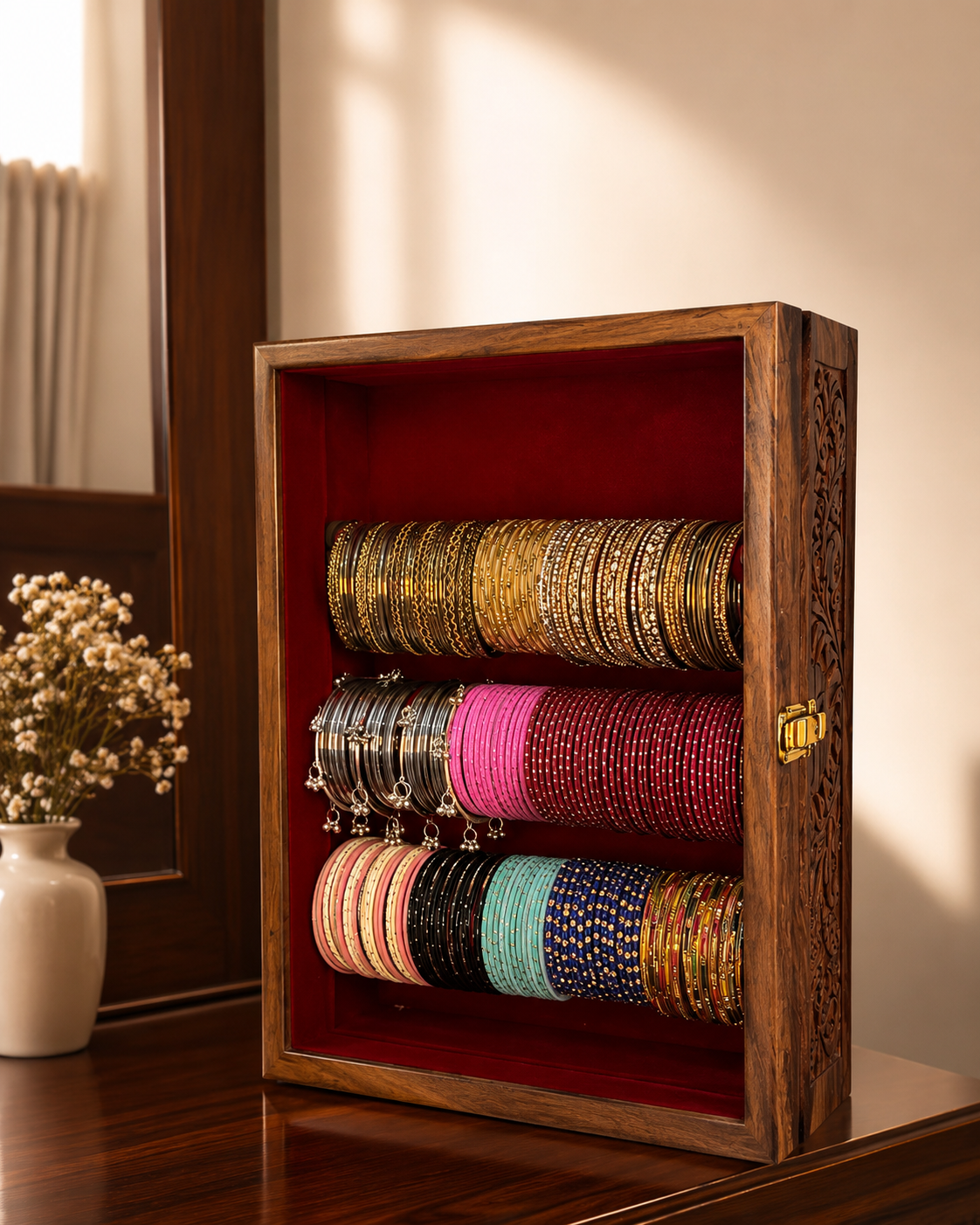 Premium Wooden Bangle Organizer Box with Glass Door