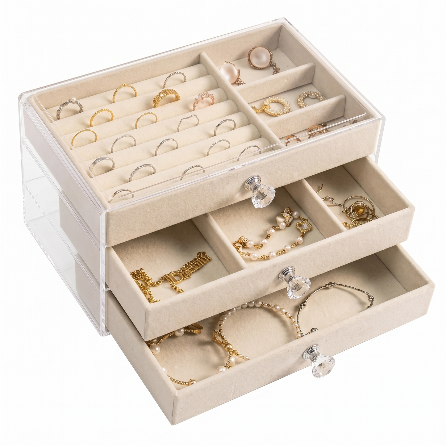 Acrylic Velvet Jewelry
Organizer with 3 Drawers Stackable Display Storage
Box
