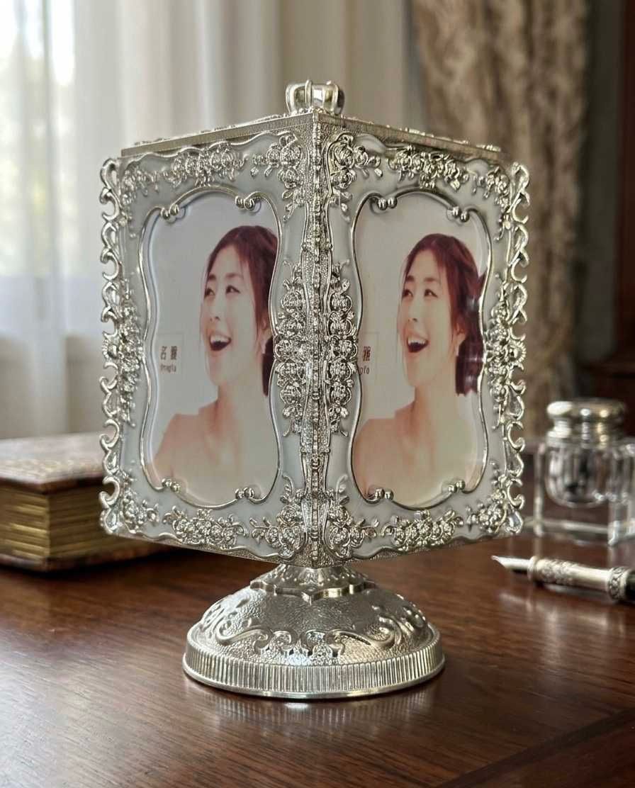 Luxury Vintage Silver Rotating Photo Frame – 4 Side Tabletop Picture Frame